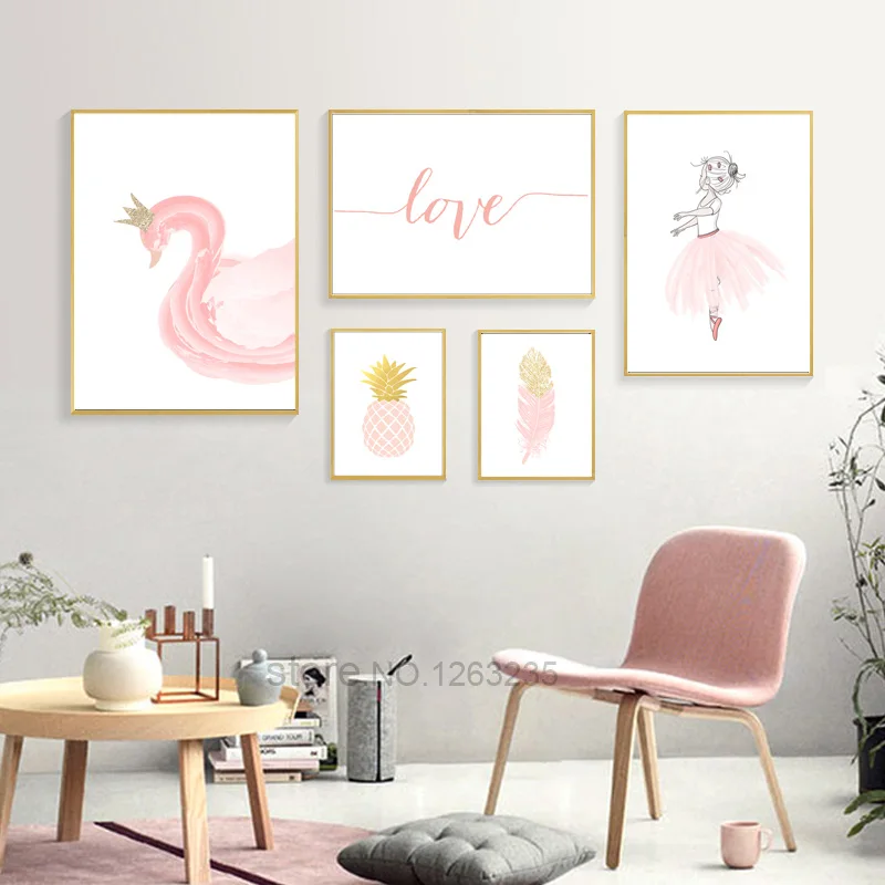 

Pineapple Pink Ballet Girl Swan Wall Pictures Baby Girl Room Decor Feather Wall Art Canvas Painting Nordic Poster Princess