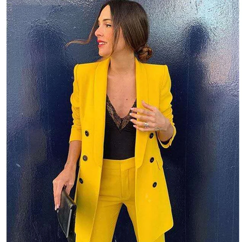 

2019 New Woman Boyfriend Yellow Color Double-Buttons Blazer Vintage Notched Collar Loose Long Suit Jacket Coat Outerwear 1 set