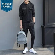 Мужские модные черные комплекты зимний джинсовый костюм Повседневный пуловер мужская приталенная джинсовая одежда Полная длина брюки-карандаш мужской костюм