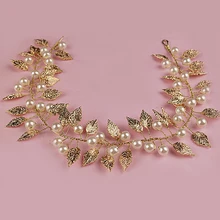 Ручная работа, длинный ободок для волос с золотыми листьями, головной убор с жемчугом, Свадебный ободок для волос, свадебный головной убор для выпускного, аксессуары для женщин