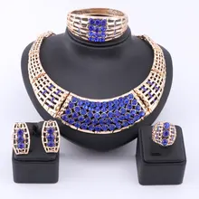 African Beads Jewelry Set Dubai Gold Color Luxury Rhinestone Women Wedding Party Necklace Bangle Earring Ring Fine Jewelry Sets