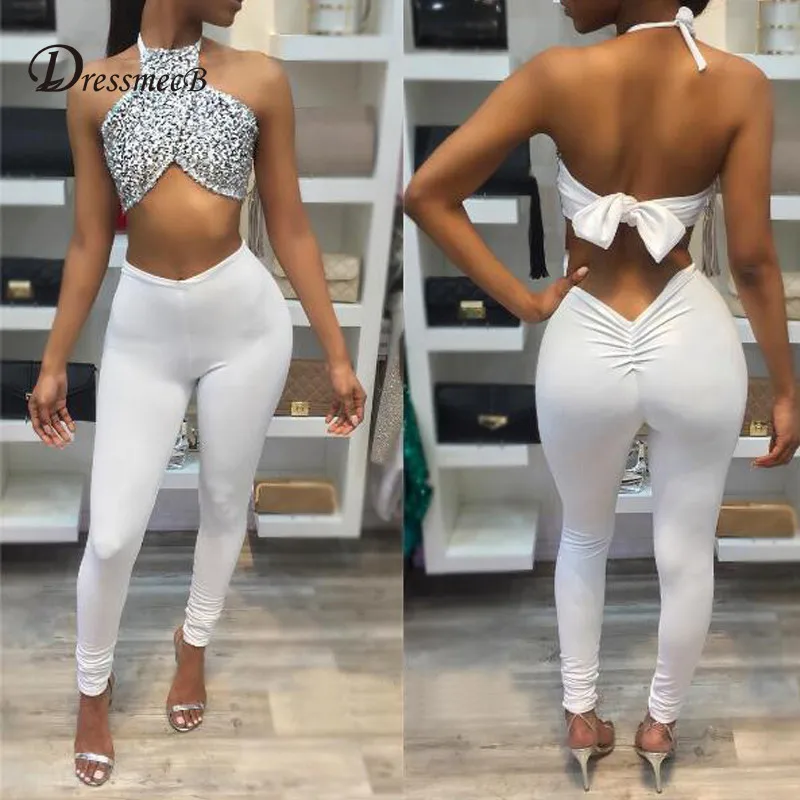 

DRESSMECB Womens Sequins Halter Off Shoulder Sexy Women Jumpsuits Romper 2 Piece Set Crop Top Sleeveless Bodycon Summer Overalls