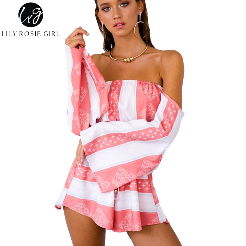 Лили Rosie сексуальная девушка с открытыми плечами Flare рукавом полосатый комбинезоны Для женщин Розовый спинки Летняя Пляжная Вечеринка