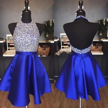 Ярко-синего цвета из сатина с низким вырезом на спине платье для выпускного, на бретельках, украшенное стразами и кристаллами, короткие платья для выпускного вечера бордовые с блестками официальная Вечеринка платье недорого