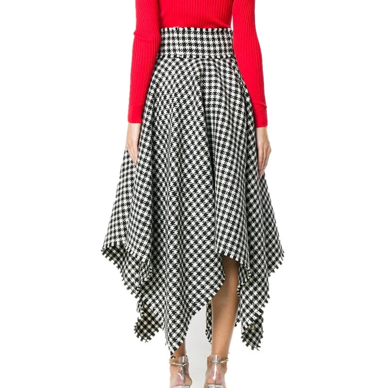 Retro Irregular Plaid Skirts Women 2018 Winter Fashion High Waist Houndstooth Fringe Long Skirt Female Tassel A-Line | Женская одежда