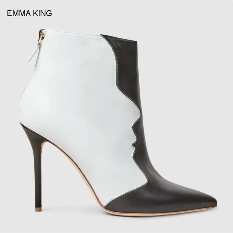 

EMMA KING Ankle Boots Women Thin High Heels Back Zipper Autumn Shoes Black With White Mixed Color Fashion Mujer Botas For Party