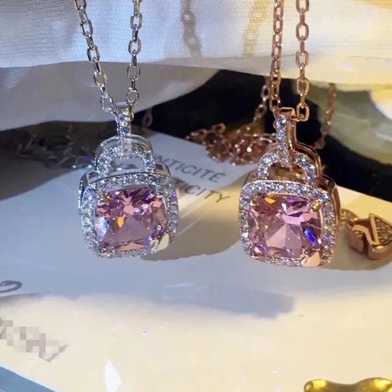 

Brand Jewelry Pink Princess-cut Simulated Diamant Stone Pendant Sterling silver Chocker Chain Necklace for Women