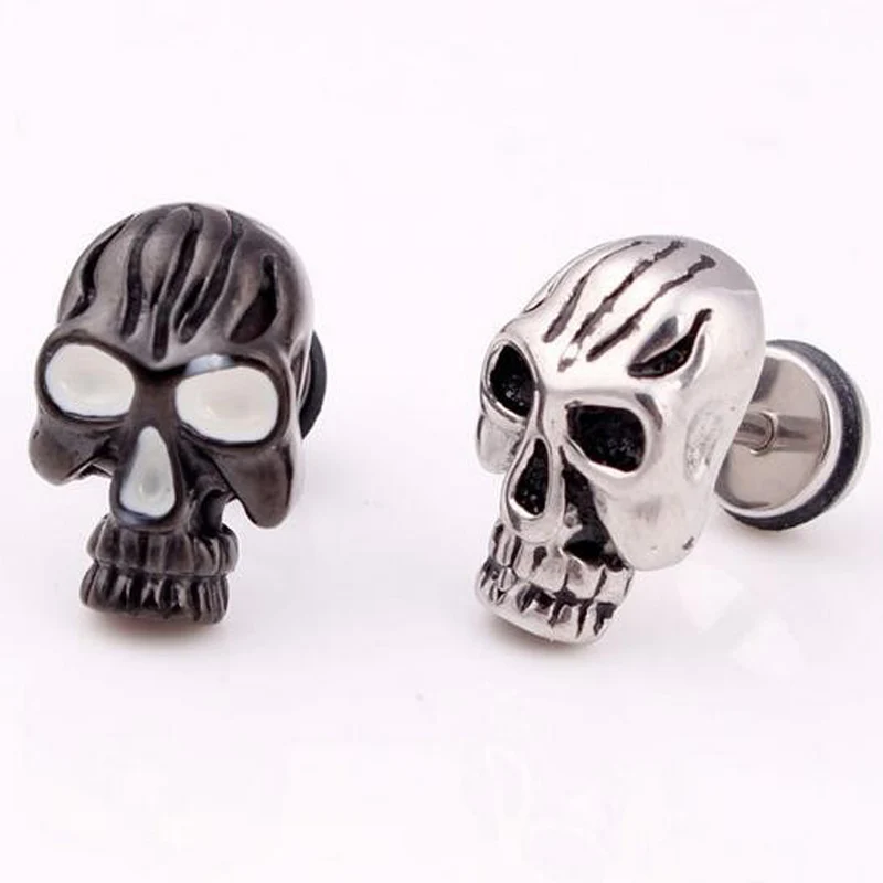 2 pieces Gold Punk Rock Skull Stainless Steel Stud Earring Men Wing