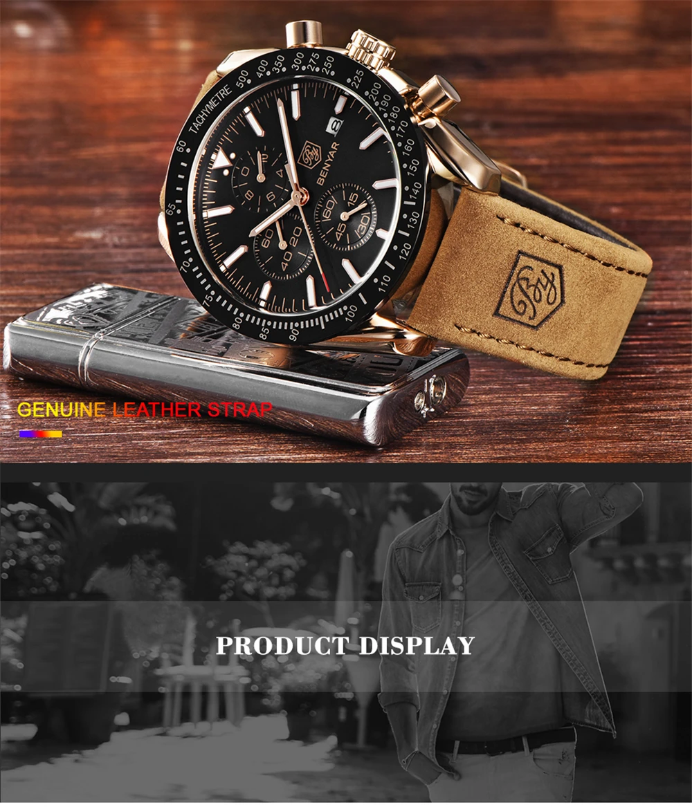 Мужские часы Benyar Модные кварцевые мужские часы водонепроницаемые военные спортивные часы мужские повседневные кожаные часы с хронографом Relogio Masculino