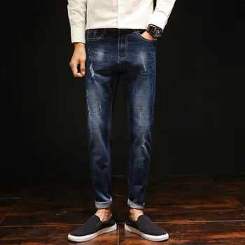 

Men Cotton Straight Slim Long Jeans Male Casual Leisure Fashion Button Fly Jeans Teenager High Stretch Pencil Pants AA51317