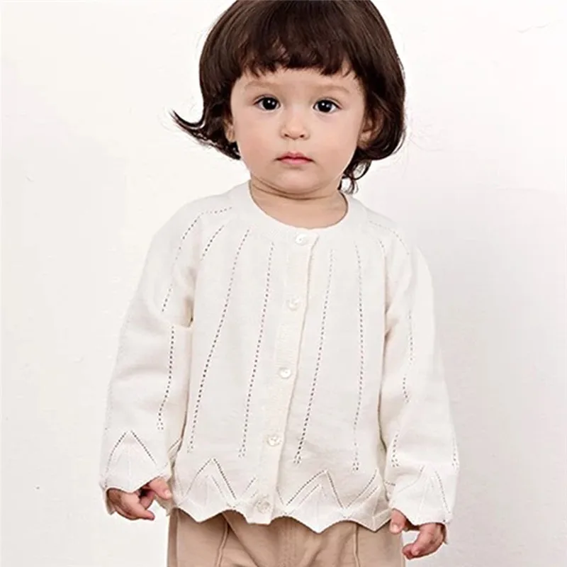 Lotus Leaf Baby Girl Sweater Sweet Princess Hollow Out Round Collar Long Sleeve Cardigan Pullover Outfit Solid Color Button Closure Coat Cotton Blended (8)