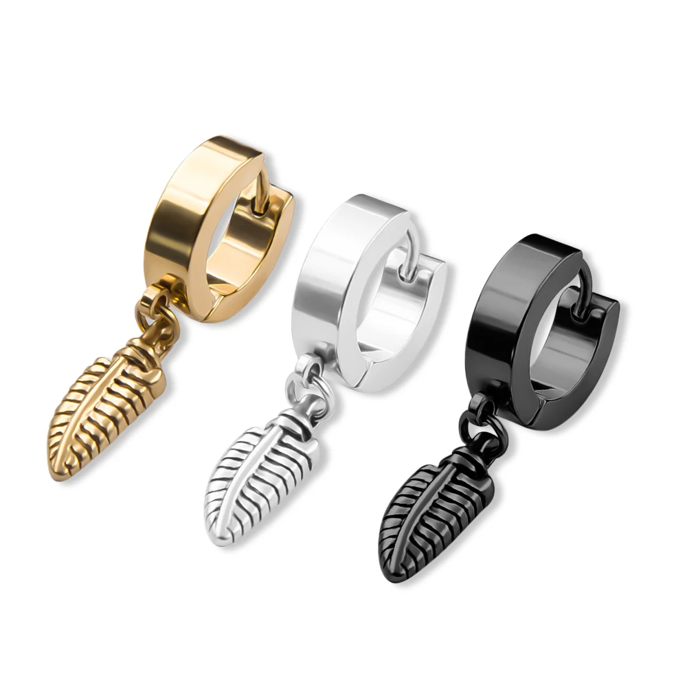 

1 Pair Feather Dangle Earring for Men Unisex Stainless Steel Ear Piercing Black Round Earring for Men Punk Jewelry