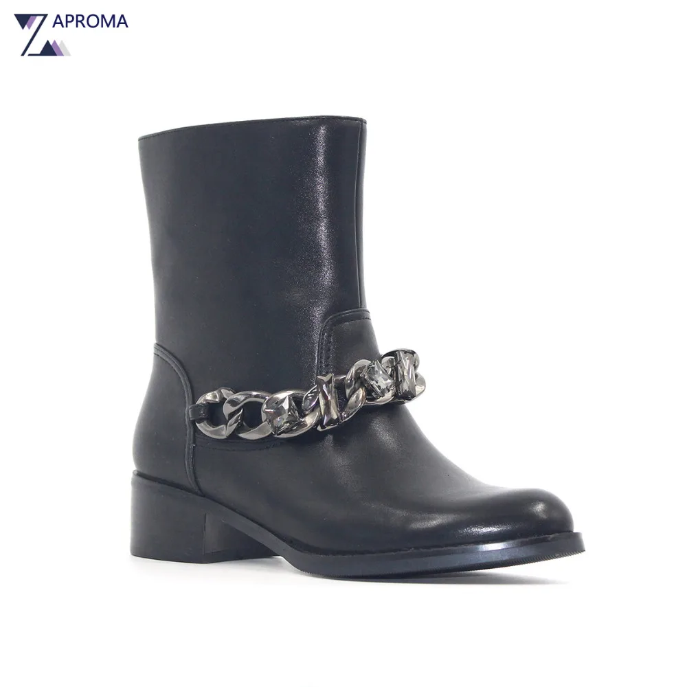 

PU Crystal Square Heel Women Boots Black Handmade Chain Ankle Boot Med Heel Fleeces Gothic Shoes Fall Spring Leisure Chelsea