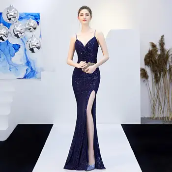 

2020 Sexy Navy Blue Sequin Backless Prom Dresses Mermaid Long Spaghetti Straps Women Formal Evening Party Dress LF464