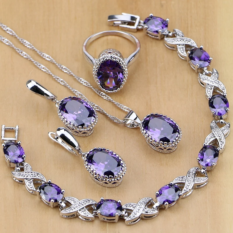 Online Naturale 925 Gioielli In Argento Viola Cubic Zirconia Bianco Set di Gioielli di Cristallo Per Le Donne Orecchini Pendente Collana Anelli braccialetto