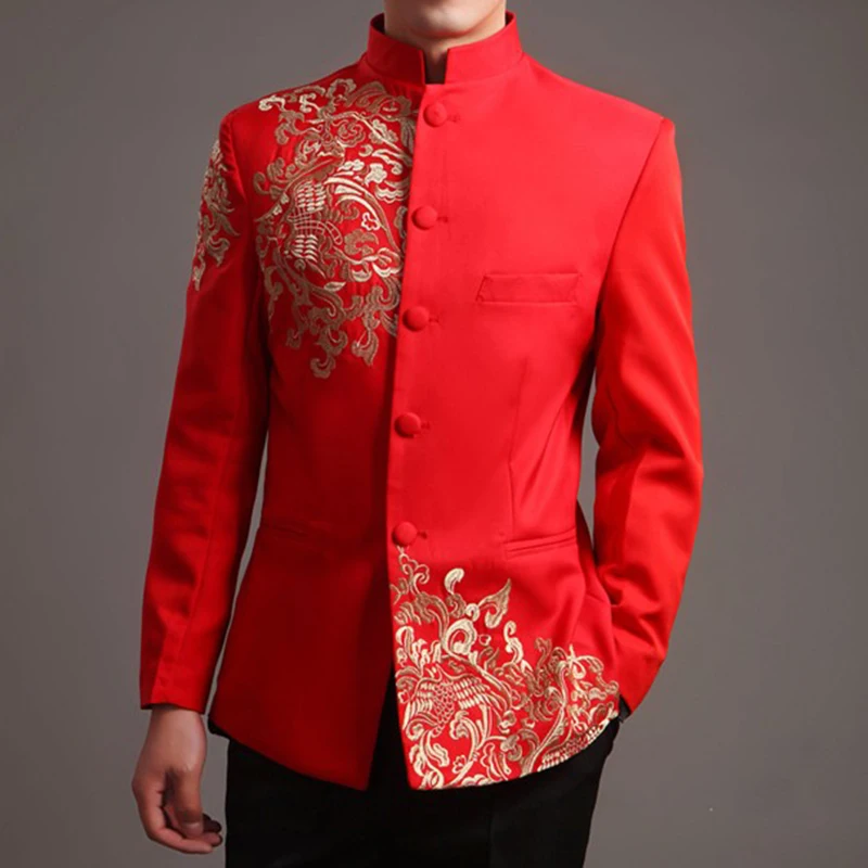 Китайский стиль Свадебный костюм для мужчин Вышивка узоры Тан Туника жакетка воротник стойка красный костюм куртки