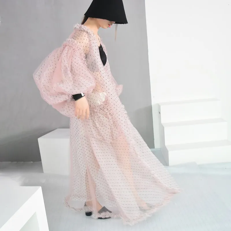 2018 New Summer Women Stylish V-Collar Dot Printed Long Shirts Full Casual Big Size Lantern Sleeve Pockets Organza Blouses Blouses