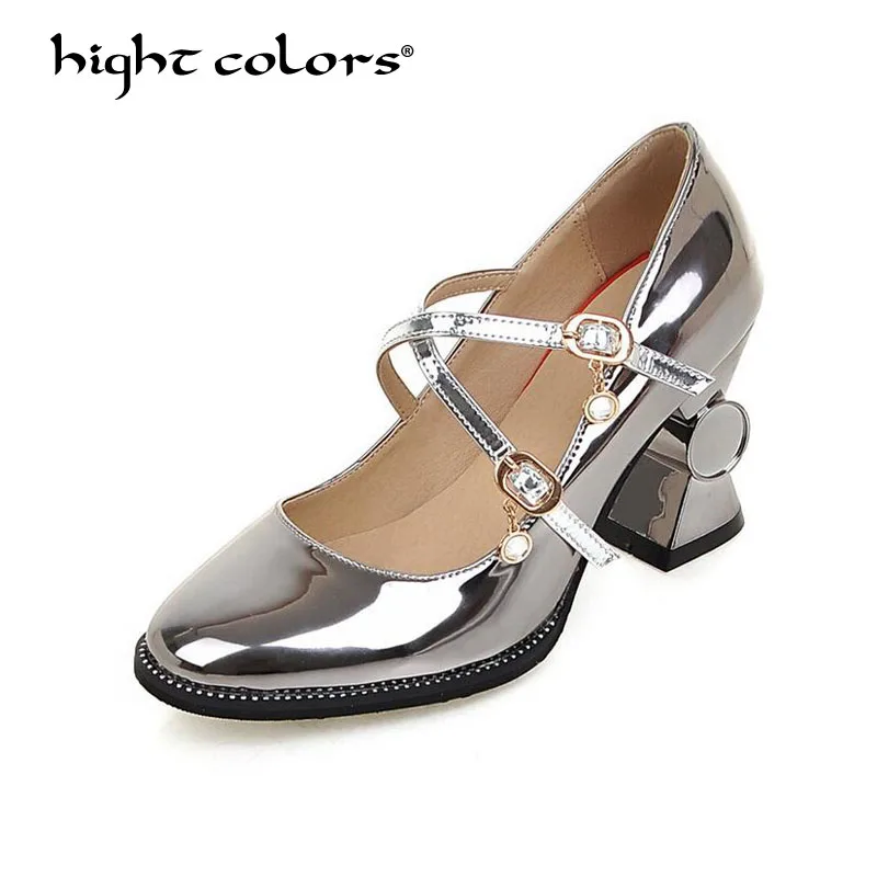 

Spring 2018 Silver Shoes Women Mary Jane Thick High Heels Buckle Pumps Party Shoes Round Toe Ladies Shoes Purple Gold Size 33-43