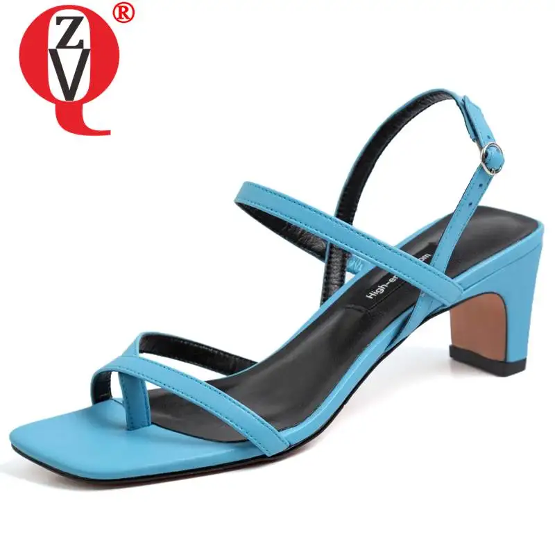 

ZVQ Hepburn sandals genuine leather blue white black 6cm high heel woman shoes summer fashion Square toe sandals 33-40 Size
