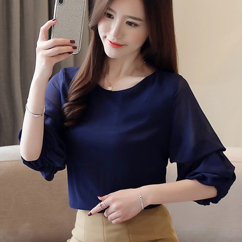 

Korean Fashion Chiffon Women Blouses Lantern Sleeve Solid White Women Shirts Plus Size Blusas Femininas Elegante