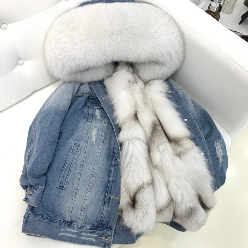 

2018 women's thicker winter new denim pie large fox fur collar liner fur coat long coat female braids outerwear jacket coats