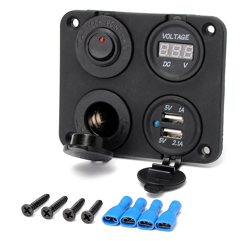 

12V-24V Multifunctional Four in one Dual Usb Adapter Charger Cigarette Lighter Sockets Digital Volt Meterr and Switch Panel
