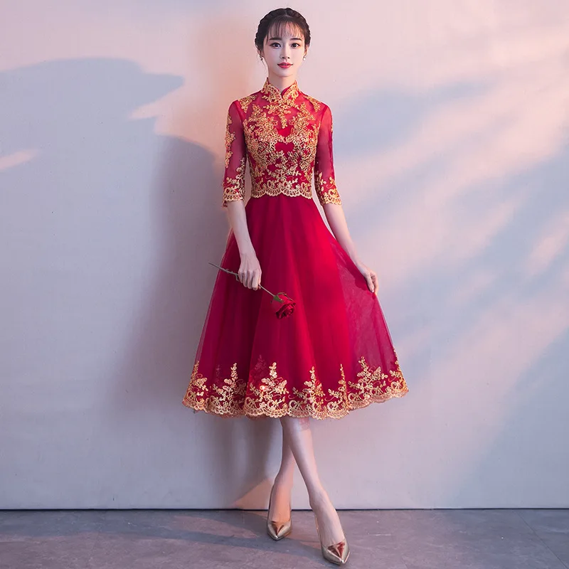 Красное традиционное китайское свадебное платье Cheongsam длинное Qipao свадебное традиционное Классическое женское платье восточные платья Vestido Novia - Цвет: burgundy