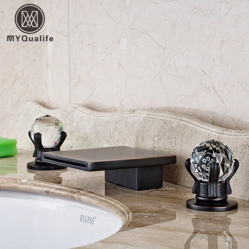 

Oil Rubbed Bronze Double Handles Bathroom Basin Sink Water Tap Deck Mounted Widespread 3 Holes