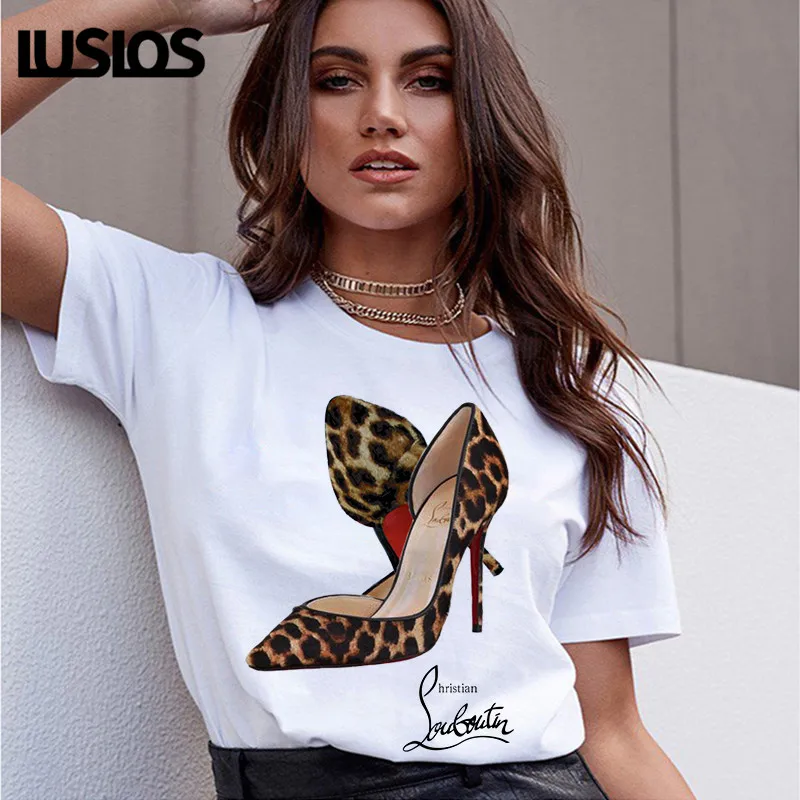Luslos Hot Sale New Street Style Women Casual Short Sleeve O-neck Cotton T shirt Leopard High-heeled Printed Graphic Tees Female Luslos Hot Sale New Street Style Women Casual Short Sleeve O-neck Cotton T shirt Leopard High-heeled Printed Graphic Tees Female