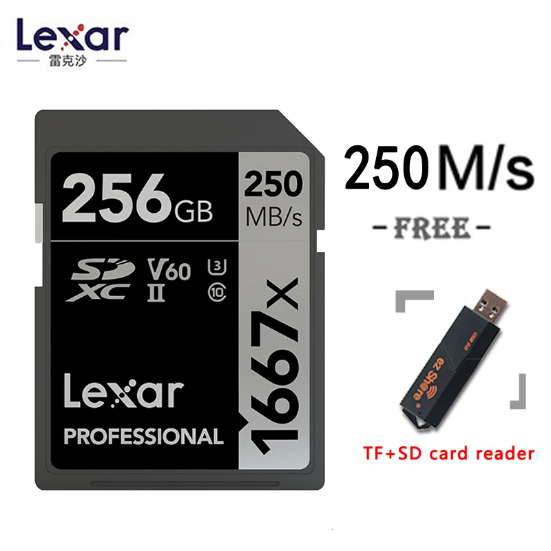 Lexar 1667x128 Гб 64 Гб V60 250 МБ/с. sd карты 256 ГБ SDXC UHS-II U3 флэш-карты памяти высокой скорости для 3D 4K HD видео - Емкость: 256g and card reader
