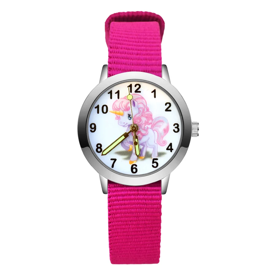 Модные милые детские часы с единорогом и лошадью, детские Студенческие Кварцевые наручные часы с нейлоновым ремешком для мальчиков и девочек JA133 - Цвет: Rose