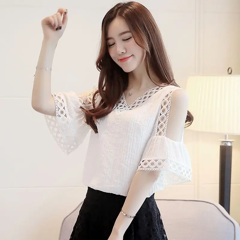 

Hot 2019 New Sale Women Blouses Slim Bottoming Half Sleeved White Shirt Lace Hollow Blouses Sexy V Neck Female Shirt