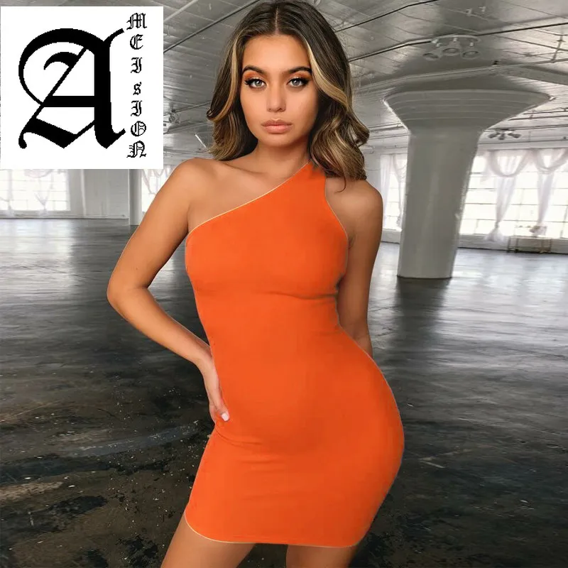 

Ameision 2019 summer women fashion high waist party club streetwear dress one-shoulder backless neon solid dresses