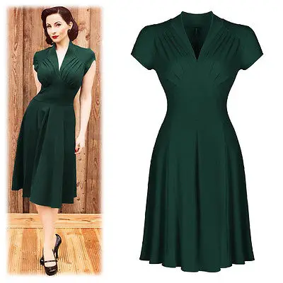 

Casual Retro Women Dresses 1950s Vintage Style green pure Hollowed Back Summer Dress Short Sleeve Vestidos Picnic Party Dress