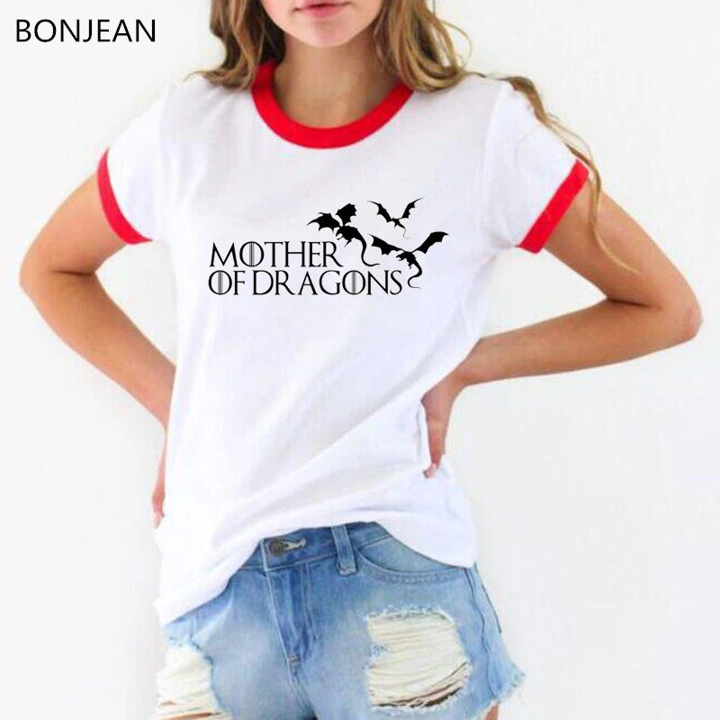 

Hot 2019 T-shirt Women Game of Thrones Ringer Tee Shirt Femme Mother of Dragons T Shirt Female Short Sleeve Cool O-neck Tops