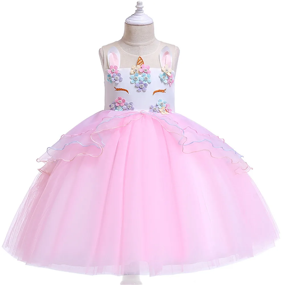 

Princess Girls Unicorn Costume Lace Mesh Flowers Unicorn Dress up For Children Christmas Wedding Party Tutu Dresses