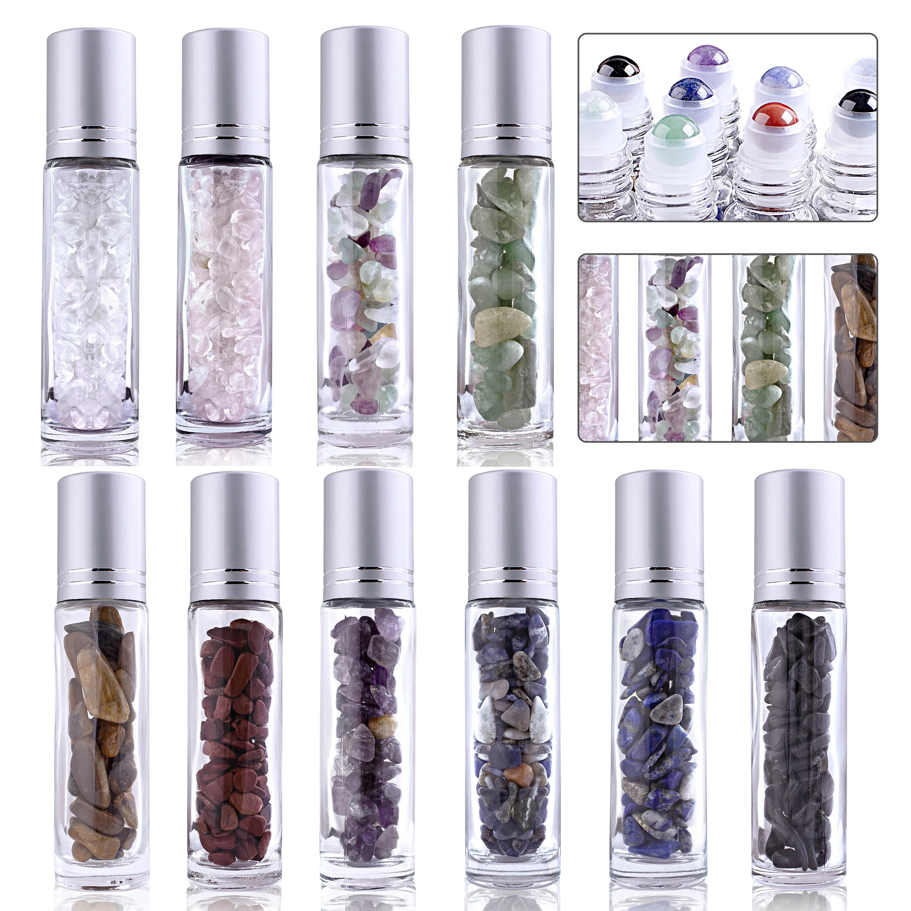 

10color Gemstone Essential Oil Bottles Refillable Roll-On Roller Storage Bottle Healing Crystal Chips Semiprecious Stones Bottle