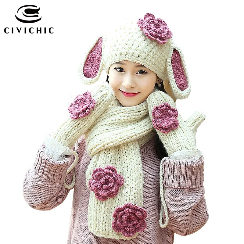 

CIVICHIC Cute Rabbit Ears Warm Set Knit Hat Scarf Glove 3 Pcs Crochet Flowers Headwear Thicken Mittens Twist Weave Shawl SH196