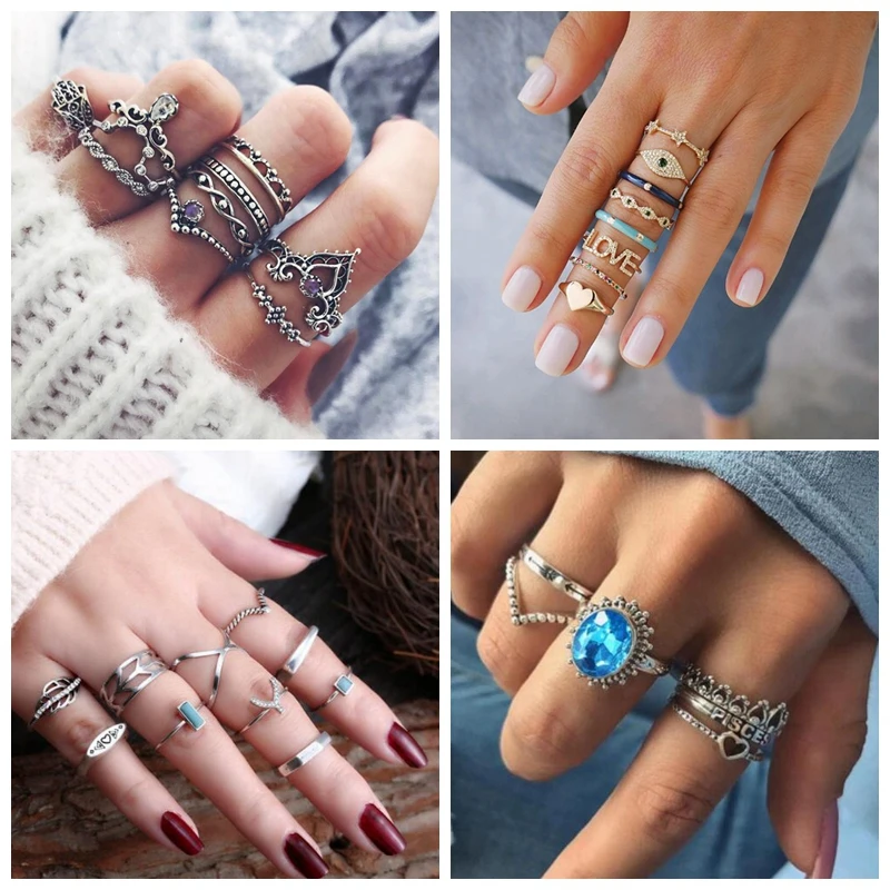 

10Pcs/Set Vintage Knuckle Ring Set leaf Wave Letter Crystal Silver Color Midi Finger Rings Wedding Party Jewelry