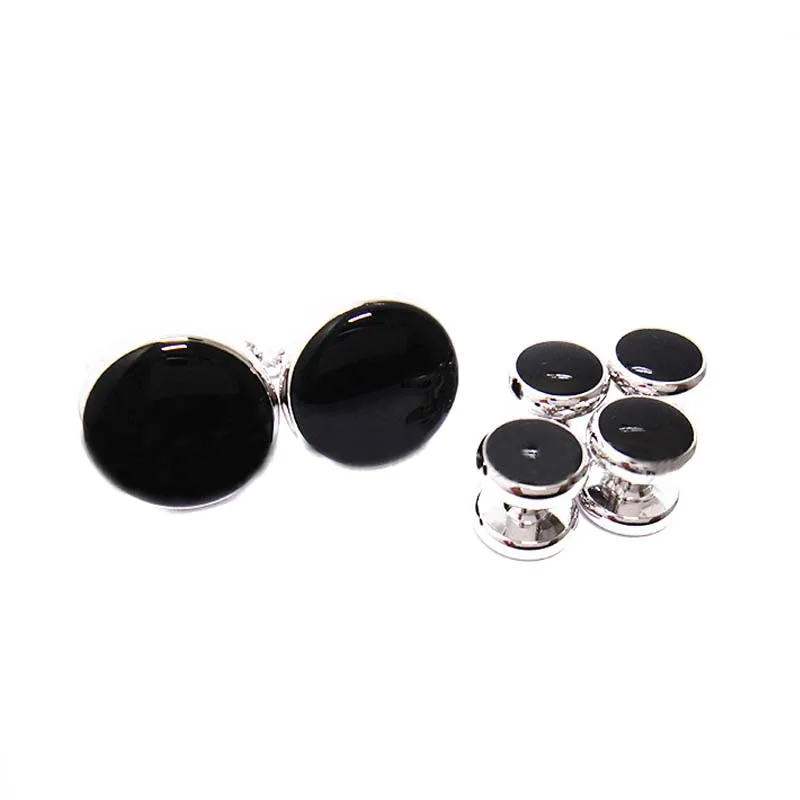 Men's Classic Round Tuxedo Shirt Studs Set and Cufflinks, with Black Center and Silver Color