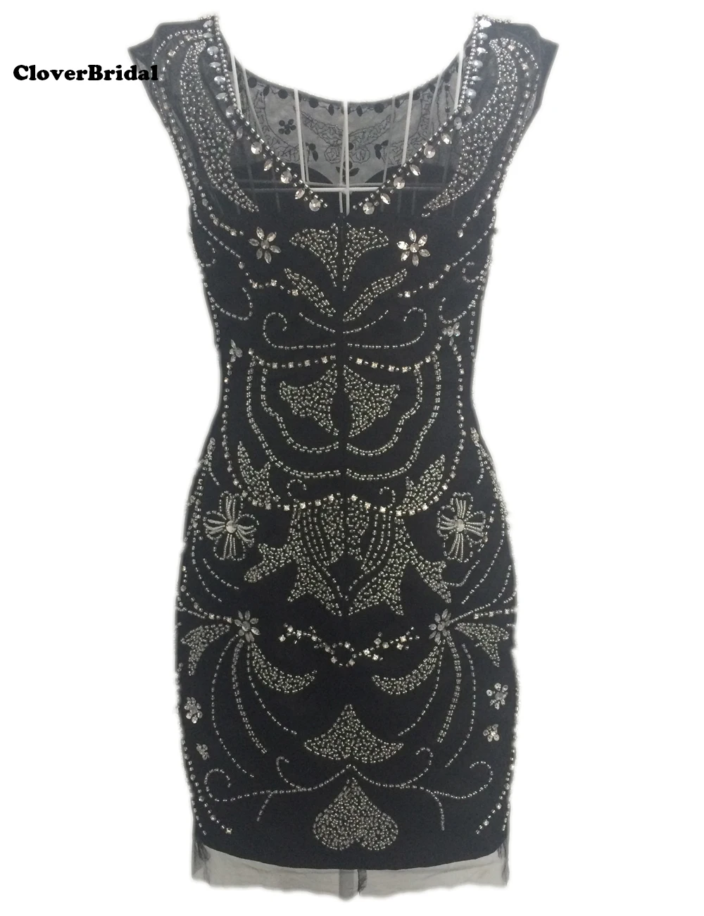 

Exquisite beaded patterns sleeveless sheath short evening dress shinning beading sequins V back