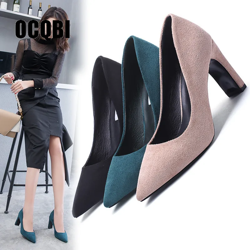 

Plus Size 35-43 Spring Summer Women Shoes Pointed Toe Thick Heels Flock Sandals Pumps Fashion Sexy Party Shallow Wedding Pumps