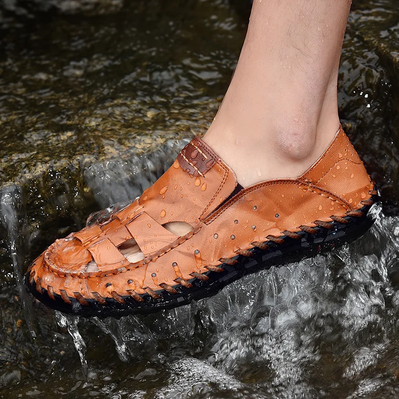 

Genuine Leather Men Sandals outdoor fashion Summer breathable Leisure Beach Men's Sandals handmade sewing Sandals Slippers L5