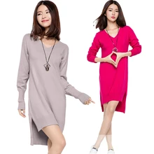 Women Autumn Winter Warm Wool Knitted Sweater Dress Long Lantern Sleeve Split Side Knitted Dress V Neck Irregular Sweater Dress Women Autumn Winter Warm Wool Knitted Sweater Dress Long Lantern Sleeve Split Side Knitted Dress V Neck Irregular Sweater Dress