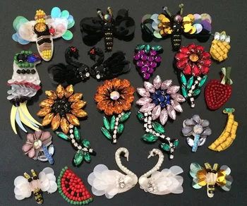 

15pcs/lot bees bird animals patches 3D Handmade rhinestone beaded Patches for clothing DIY sew on flower Embroidery applique
