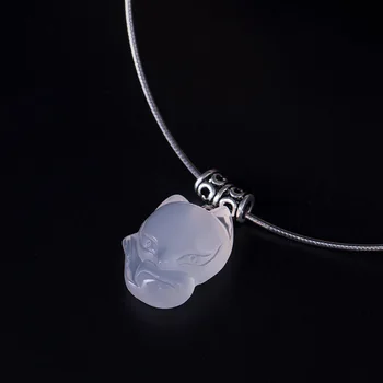 

S925 Silver Natural Stone Pendant Cute Sweet Little Fox Necklace Vintage Animals Handmade Necklaces Old Classical Art Jewelry