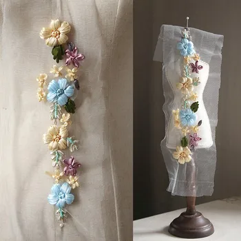 

yellow flower Ribbon embroidery patch apliques de roupa crystal rhinestone applique sew on patches for clothing para vestuario