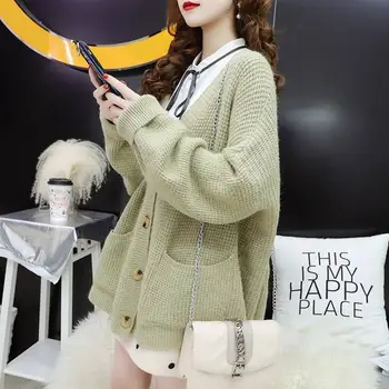 

2019 Spring Autumn Women V neck Solid Loose Tricot Cardigans Sweater Coat Female Single Breasted Knit Outwear Knitwear K153