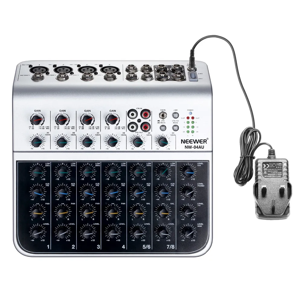 

Neewer Stereo Mixer Compact Mini Mixing Console with 4 Channel 2-way Stereo Line Input RCA Input Output 4 Band LED Indicator