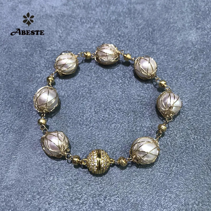 ANI 14 к рулон золота ручной работы женский браслет пресноводный белый жемчуг рулон золота специальный дизайн ювелирные изделия по индивидуальному заказу для женщин